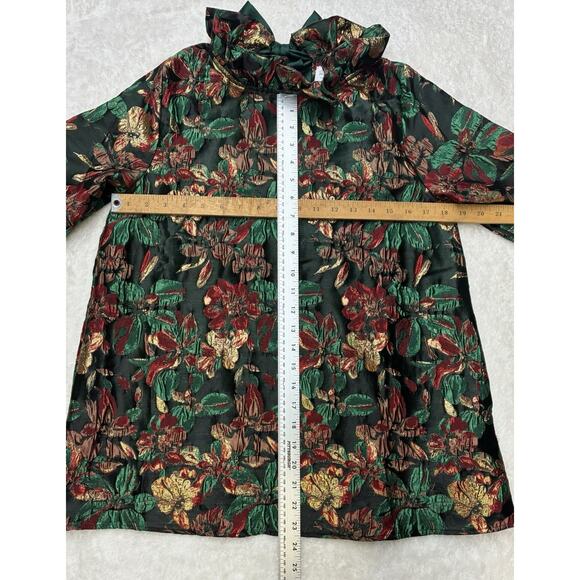 Shop the Mint Metallic Floral Holiday Top Bow Tie Neck Blouse Green Red Small - Picture 8 of 14